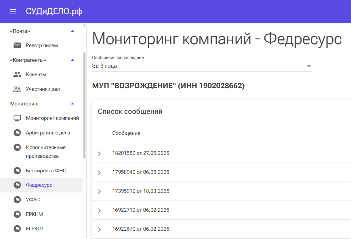 мониторинг сообщений сайта ФЕДРЕСУРС