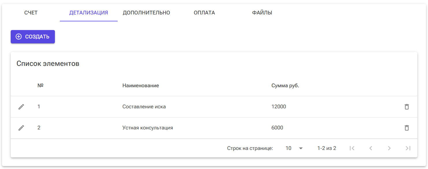 счет вкладка детализация