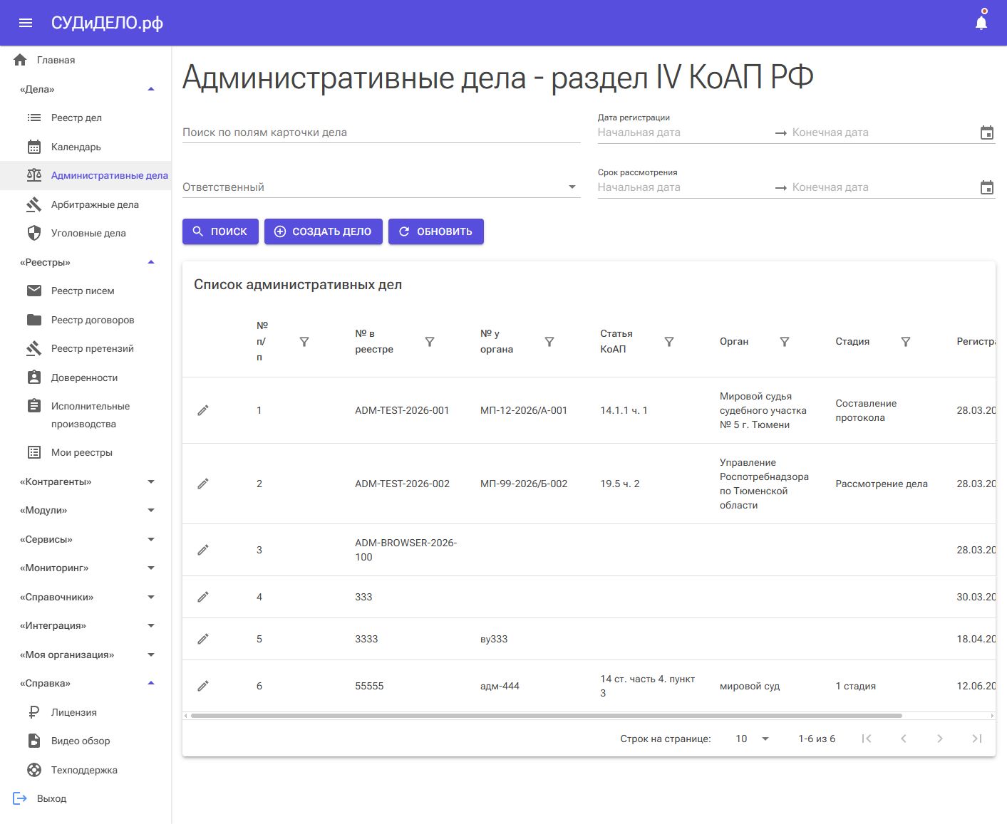 Административные дела — общий вид