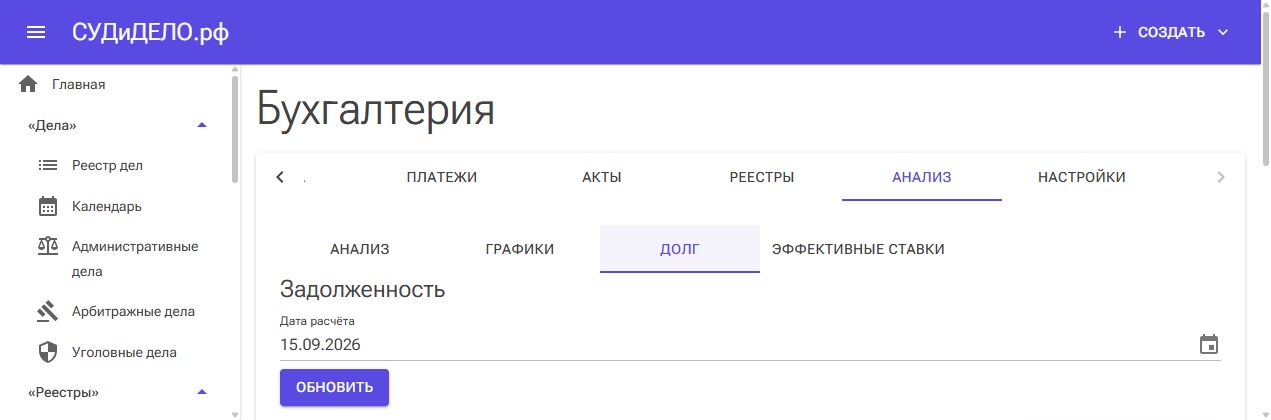 Дата расчёта и действия в разделе задолженности.