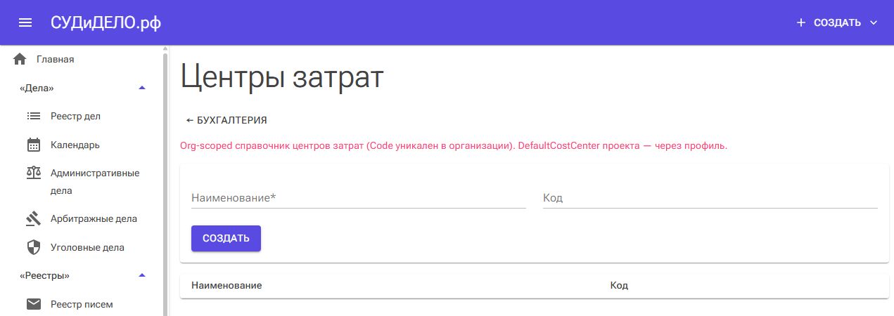 Форма справочника центров затрат.