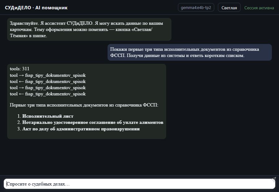 AI помощник СУДиДЕЛО — Типы исполнительных документов ФССП Скриншот чата СУДиДЕЛО: типы исполнительных документов фссп, вызов MCP инструмента fssp_tipy_dokumentov_spisok и ответ на тестовых данных