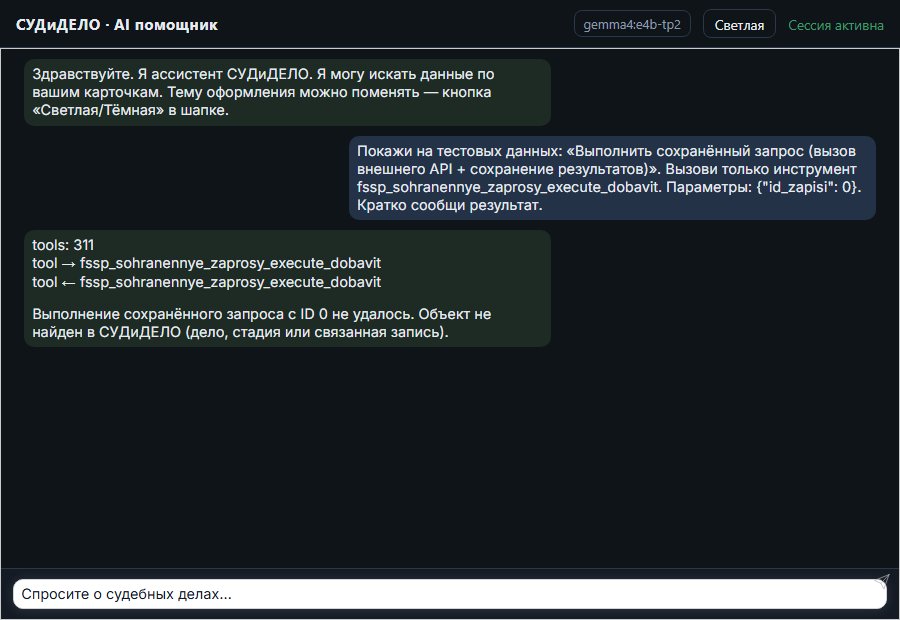 AI помощник СУДиДЕЛО — Выполнить сохранённый запрос (вызов внешнего API + сохранение результатов) Скриншот чата СУДиДЕЛО: выполнить сохранённый запрос (вызов внешнего api + сохранение результатов); помощник вызывает MCP инструмент fssp_sohranennye_zaprosy_execute_dobavit и показывает результат на тестовых данных