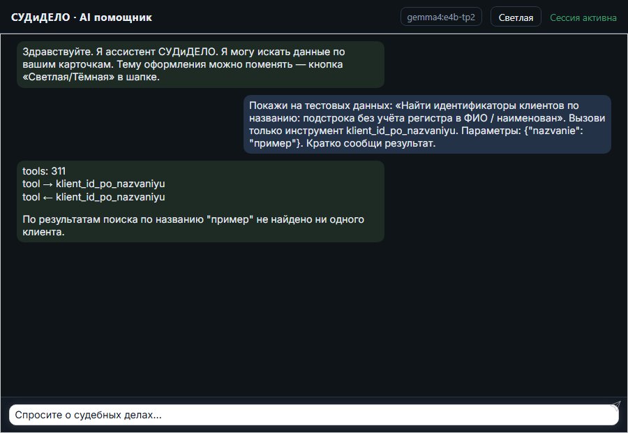 AI помощник СУДиДЕЛО — Найти идентификаторы клиентов по названию: подстрока без учёта регистра в Ф Скриншот чата СУДиДЕЛО: найти идентификаторы клиентов по названию: подстрока без учёта регистра в фио / наименовании, названии компании или отоб; помощник вызывает MCP инструмент klient_id_po_nazvaniyu и показывает результат на тестовых данных