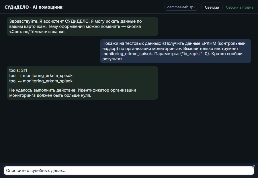 AI помощник СУДиДЕЛО — Получить данные ЕРКНМ (контрольный надзор) по организации мониторинга Скриншот чата СУДиДЕЛО: получить данные еркнм (контрольный надзор) по организации мониторинга; помощник вызывает MCP инструмент monitoring_erknm_spisok и показывает результат на тестовых данных