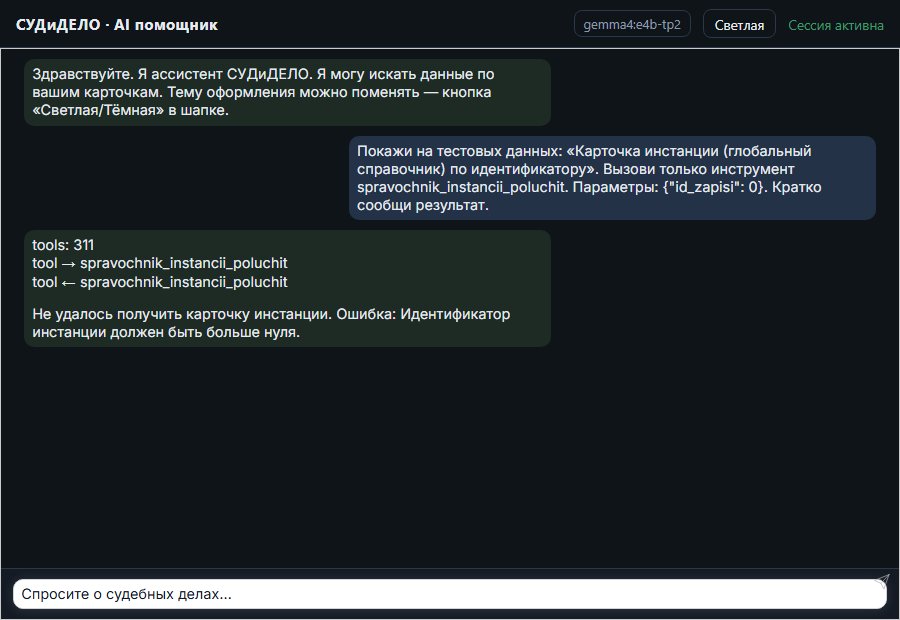 AI помощник СУДиДЕЛО — Карточка инстанции (глобальный справочник) по идентификатору Скриншот чата СУДиДЕЛО: карточка инстанции (глобальный справочник) по идентификатору; помощник вызывает MCP инструмент spravochnik_instancii_poluchit и показывает результат на тестовых данных