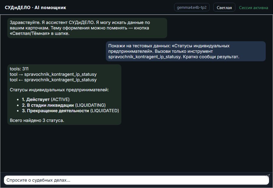 AI помощник СУДиДЕЛО — Статусы индивидуальных предпринимателей Скриншот чата СУДиДЕЛО: статусы индивидуальных предпринимателей; помощник вызывает MCP инструмент spravochnik_kontragent_ip_statusy и показывает результат на тестовых данных