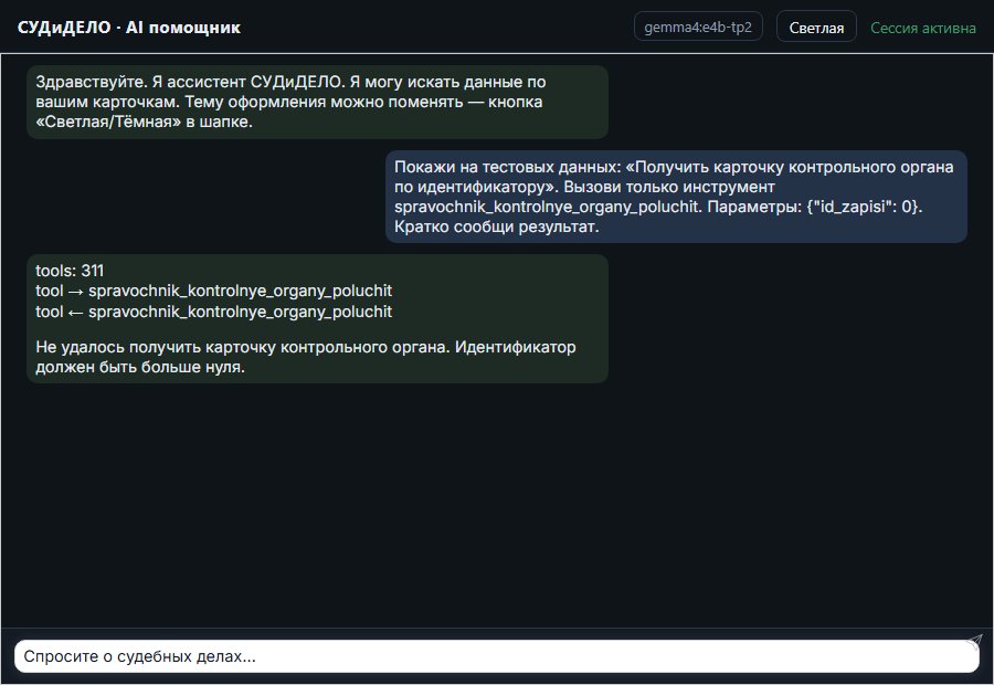AI помощник СУДиДЕЛО — Получить карточку контрольного органа по идентификатору Скриншот чата СУДиДЕЛО: получить карточку контрольного органа по идентификатору; помощник вызывает MCP инструмент spravochnik_kontrolnye_organy_poluchit и показывает результат на тестовых данных