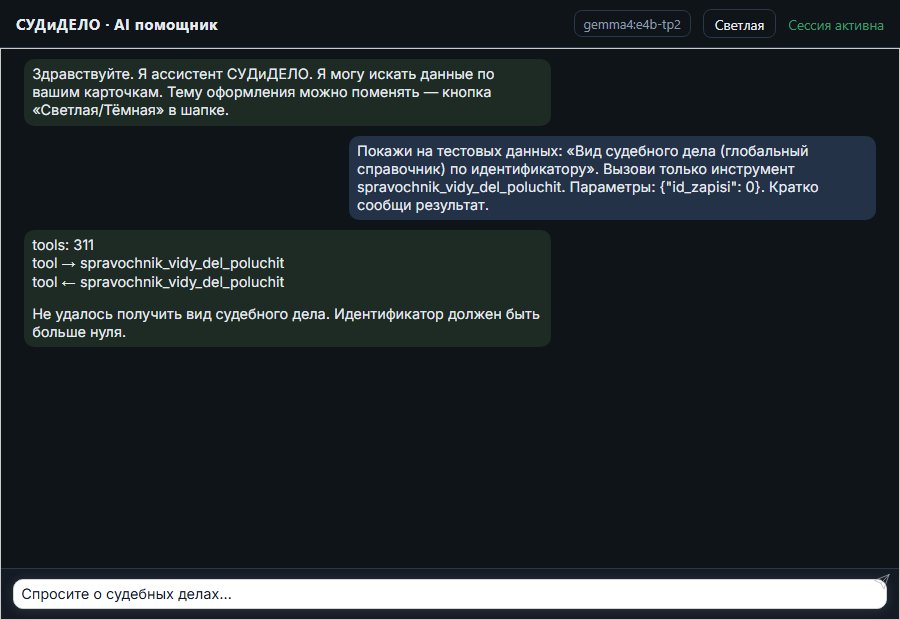 AI помощник СУДиДЕЛО — Вид судебного дела (глобальный справочник) по идентификатору Скриншот чата СУДиДЕЛО: вид судебного дела (глобальный справочник) по идентификатору; помощник вызывает MCP инструмент spravochnik_vidy_del_poluchit и показывает результат на тестовых данных